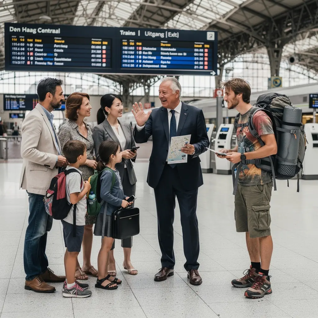 Een groepsreis naar het Binnenhof met bezoekers die luisteren naar een rondleiding over de Nederlandse politiek.