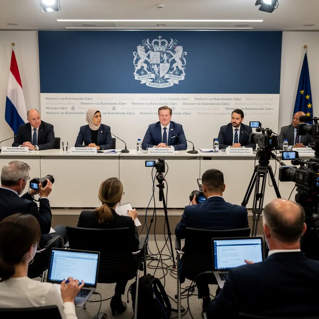 De indrukwekkende gevel van het Vredespaleis, het internationale gerechtshof, omringd door groen.